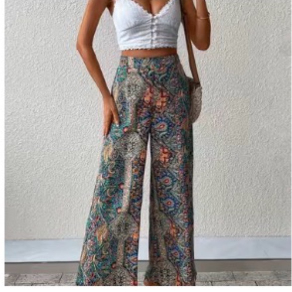 Colorful Paisley Print Wide Leg Pants - Picture 3 of 3